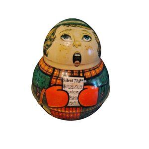 Vintage Cheinco Caroller Christmas Tin Silent Night Kitsch Fun Round Red Mittens